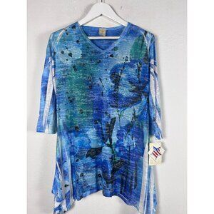 Jess & Jane Womens Abstract Blue V-Neck 3/4 Sleeve Tunic Top Medium Casual New